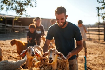 A cheerful man interacts with goats while friends enjoy the sunny farm atmosphere, highlighting community and the rustic joys of rural life.