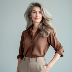 Full length portrait of a woman in her 50s looking into the camera wearing a brown blouse and beige trousers in a casual style, standing against a solid light Pantone Mocha Mousse background.