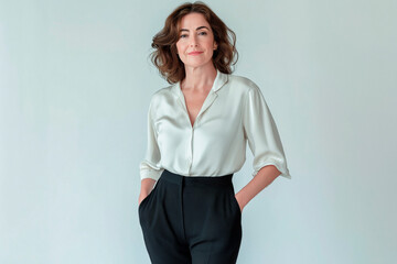 Half-length portrait of a woman in her 50s looking into the camera and wearing a casual blouse and trousers, standing against a solid-colored background