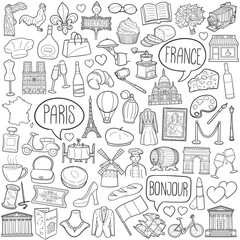 Bundle Paris, France City of Love Travel Doodle Icon Hand Draw Line Art Symbols.
