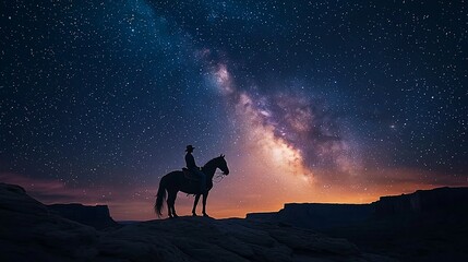Cowboy silhouetted on horseback against a vibrant Milky Way galaxy and starry night sky over a dramatic canyon landscape.