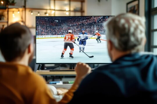 Two people intently watch an ice hockey match on a large TV screen, showcasing the dynamic movements of players against a backdrop of cheering crowds.