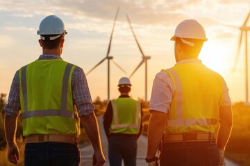 Engineers wearing safety gear stand at a wind farm, observing the sunset and turbines as they plan inspection activities, illustrating clean energy efforts.