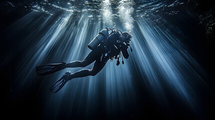 A muscular scuba diver swimming through dark waters illuminated by shimmering sunlight filtering down from the surface creating an ethereal effect.