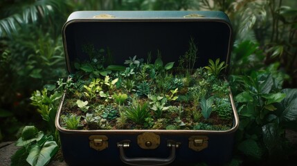 Maleta abierta con plantas y musgo