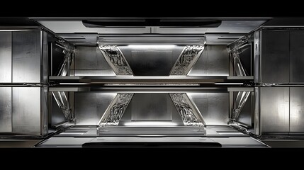 A detailed elevation of a ship center with dynamic cube modules displaying Morse-inspired patterns blending metal and glass.