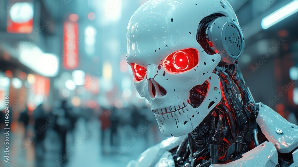 Aufkleber a futuristic robot with a skull-like face and glowing red eyes in a bustling urban setting.