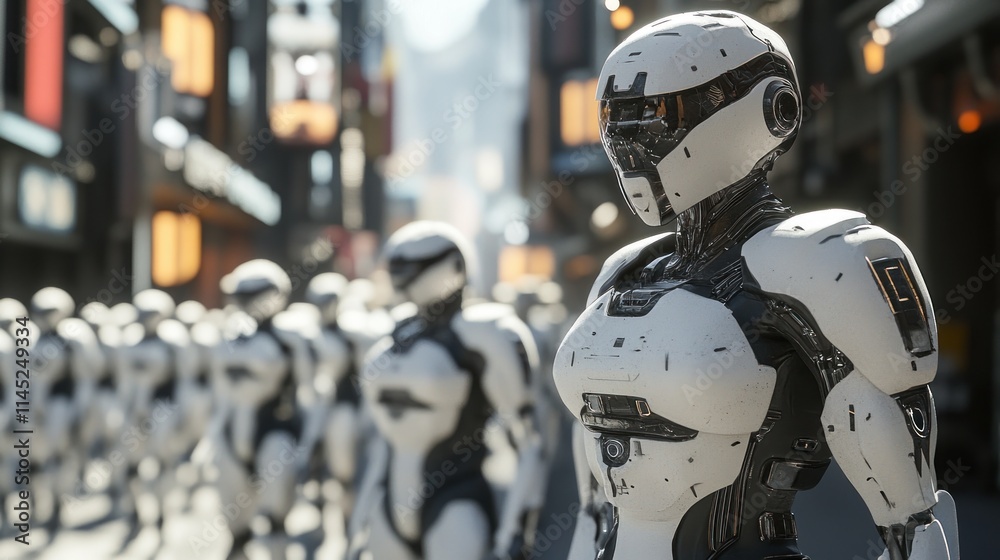 Aufkleber a futuristic scene featuring humanoid robots marching in a city.