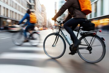 Obraz premium Two cyclists, one in blue and one in brown, navigate through a city intersection on their bicycles, reflecting the modern urban lifestyle and eco-friendly commuting.