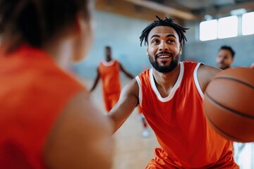 The image shows a determined basketball player in an orange jersey about to make a move, surrounded by teammates in a well-lit indoor court focused on competition.