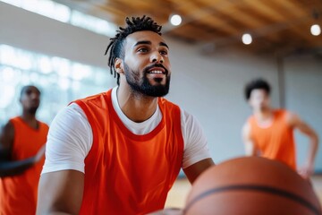 A basketball player in an orange jersey is captured observing intently before making a move, embodying focus and anticipation during a lively game on an indoor court.