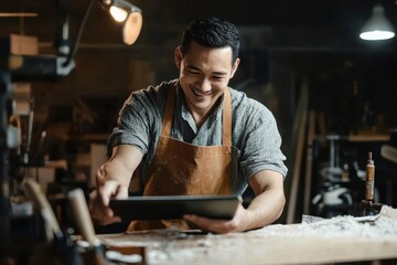 Fototapeta premium A man wearing an apron stands in a workshop smiling while interacting with a tablet. The surrounding area is full of woodworking tools and wood shavings.