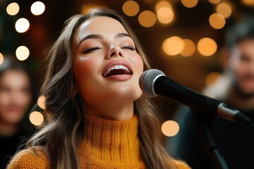 A woman passionately sings into a microphone, her expression one of joy. She stands on a stage with twinkling lights in the background, showcasing musical talent.