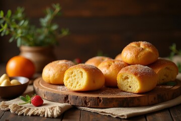 Golden brown artisanal baked goods with natural elements on a rustic wooden board