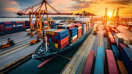A Navy cargo ship unloading containers at the base dock with cranes and forklifts in motion.