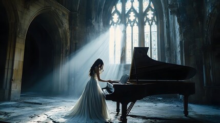 A dramatic scene of a woman in a flowing white gown playing a grand piano with a strong beam of light piercing through a gothic arched window.
