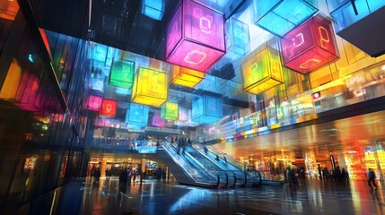 A dynamic elevation of a ship center featuring cascading cube forms encoded with colorful Morse symbols.