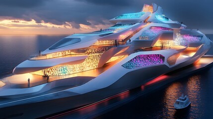 A dynamic elevation of a ship center featuring cascading cube forms encoded with colorful Morse symbols.