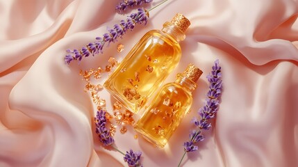 A flat lay arrangement of glass bottles filled with golden oil copper flakes and lavender sprigs placed on a soft pink satin fabric backdrop.