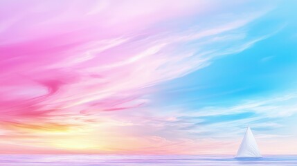 Pastel sunset sky over calm ocean with sailboat.