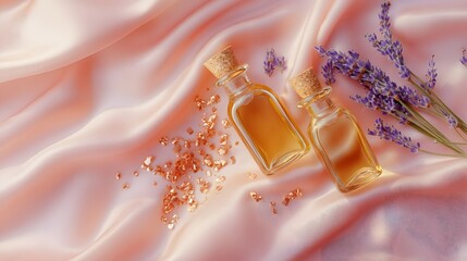 A flat lay arrangement of glass bottles filled with golden oil copper flakes and lavender sprigs placed on a soft pink satin fabric backdrop.