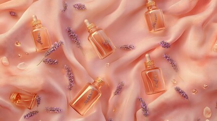 A flat lay of small glass bottles with copper-infused lavender oil scattered lavender petals and golden accents arranged on a warm blush pink fabric.