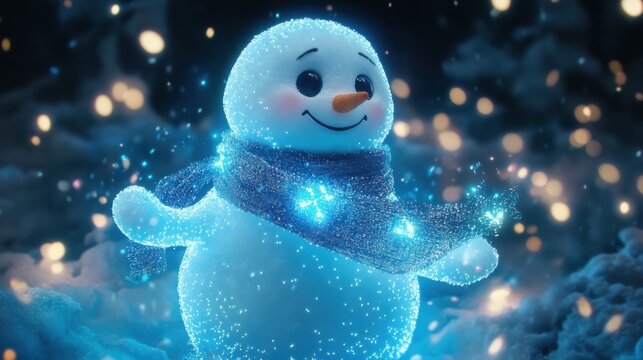 Mu&ntilde;eco de nieve iluminado en invierno