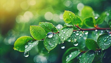 Fresh Water Drops on Green Leaf An Abstract Background of Natures Beauty Captured in a Juicy, Vibrant Scene with Glimmering Raindrops Reflecting the Essence of Life and Renewal.