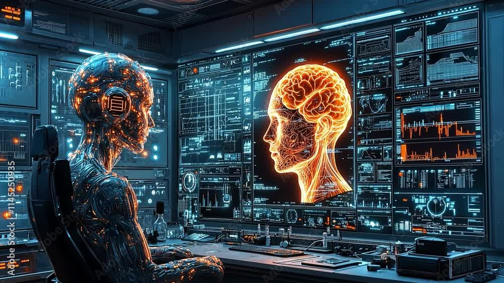 Poster exploring artificial intelligence with advanced neural networks in a futuristic lab setting