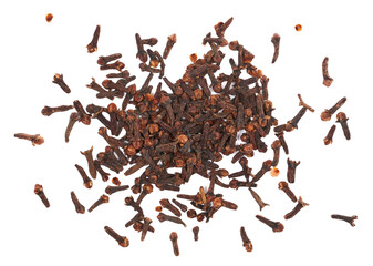 Dry cloves pile, Syzygium aromaticum, isolated on white, top view	