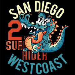 Lizard or crocodile with tattoo style with tongue out surfing on the beaches of California, travel texts, crowded numbers and big waves in textures.