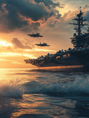 High-tech aircraft carrier operates at dawn with fighter jets soaring over calm waters and vibrant sunrise clouds