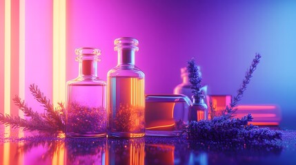 A futuristic arrangement of sleek glass bottles containing oil copper flakes and lavender with a neon pink glow in the background.