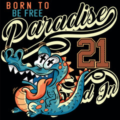 Lizard or crocodile with tattoo style with tongue out surfing on the beaches of California, travel texts, crowded numbers and big waves in textures.