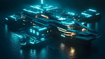 A futuristic elevation of a small-ship center with Morse code-inspired cube forms glowing under neon lights.