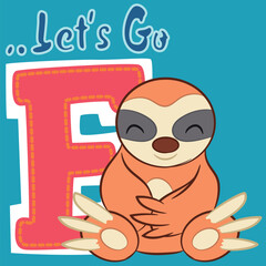 Cute sloth design with different poses and funny faces with college or varsity text backgrounds, patches and colorful numbers in pastel tones.