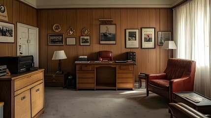 A Navy officers quarters with polished furniture military decor and framed medals on the walls.