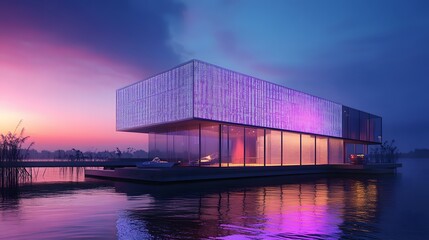 A futuristic elevation of a small-ship center with Morse code-inspired cube forms glowing under neon lights.