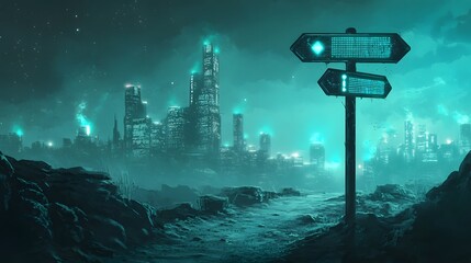 A futuristic trail post with sleek glowing LED signs pointing towards a digital cityscape.