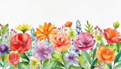 Vibrant Watercolor Illustration of Colorful Flowers Surrounded by a Wide Decorative Border, Perfect for Art Prints, Stationery, and FloralThemed Designs
