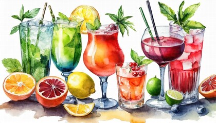 Vibrant Watercolor Illustration of a Collection of Refreshing Drinks and Cocktails on a Clean White Background, Perfect for Beverage Menus, Art Prints, and Culinary Inspiration