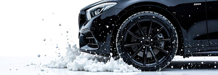 modern black stylish car in foam on a car wash on white background with copy space. car care banner with place for text minimalism. no people. self-service car wash