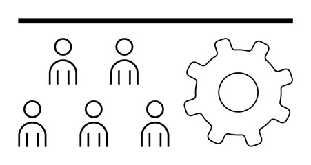 People working together represented by five human figures and a gear. Ideal for teamwork, collaboration, productivity, efficiency, organization, workflow, and group dynamics. Line metaphor