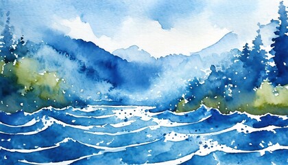 Stunning Watercolor River Background Featuring HandDrawn Blue Waves and Vibrant Paint Splashes Perfect for Abstract Art Projects and Creative Designs