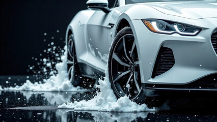 modern stylish white car in foam on a car wash on dark black background with copy space. car care banner with place for text minimalism. no people. self-service car wash