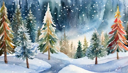 Enchanting Watercolor Illustration of a Snowy Forest with Majestic Christmas Trees, Capturing the Serenity of Winter Nature and Evoking the Spirit of the Holiday Season in a Dreamlike Setting