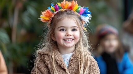 Happy toddler girl wearing colorful headdress.