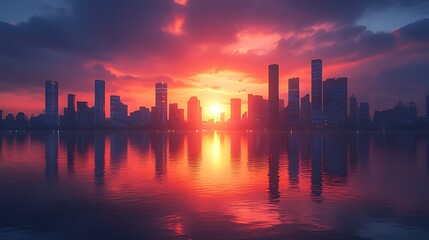 Vibrant sunset over a city skyline reflected in calm water.
