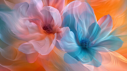 Obraz premium Delicate abstract flowers in pastel tones of blue, pink, and orange, creating a dreamy and artistic composition. Ideal for romantic or creative projects.