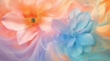 Obraz premium Colorful Abstract Flowers in Soft Hues. Two vibrant flowers in pastel orange and blue tones blend into a dreamy abstract background. Ideal for artistic and creative designs.